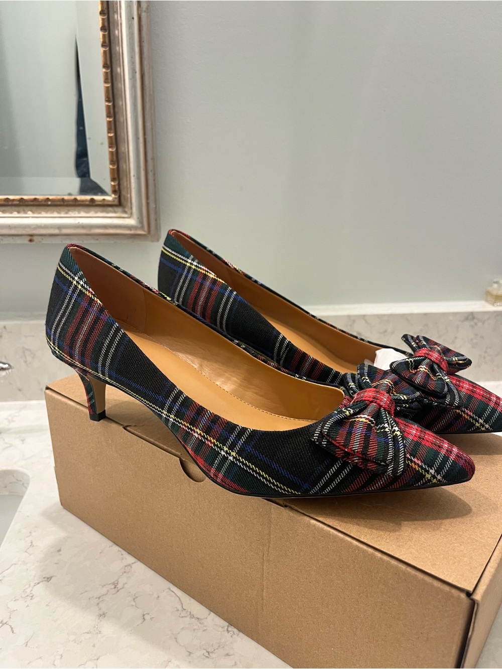 J Crew Plaid Bow Pointed-Toe Kitten Heel Pumps